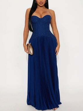 FASHION NOVA Navy Daniella Lace Corset Pleated Maxi Dress